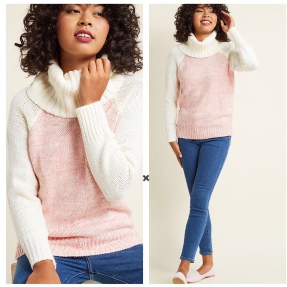 NWT ModCloth Raglan Cowl Neck Pink Color Block Cozy Knit Turtleneck Sweater LG - Picture 1 of 12